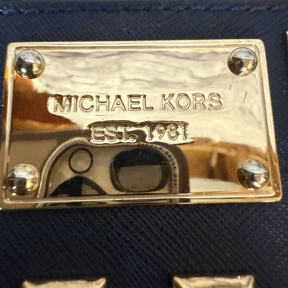 Michael Kors Navy and Gold Studded Grayson Wristlet Small Clutch - Picture 10 of 15